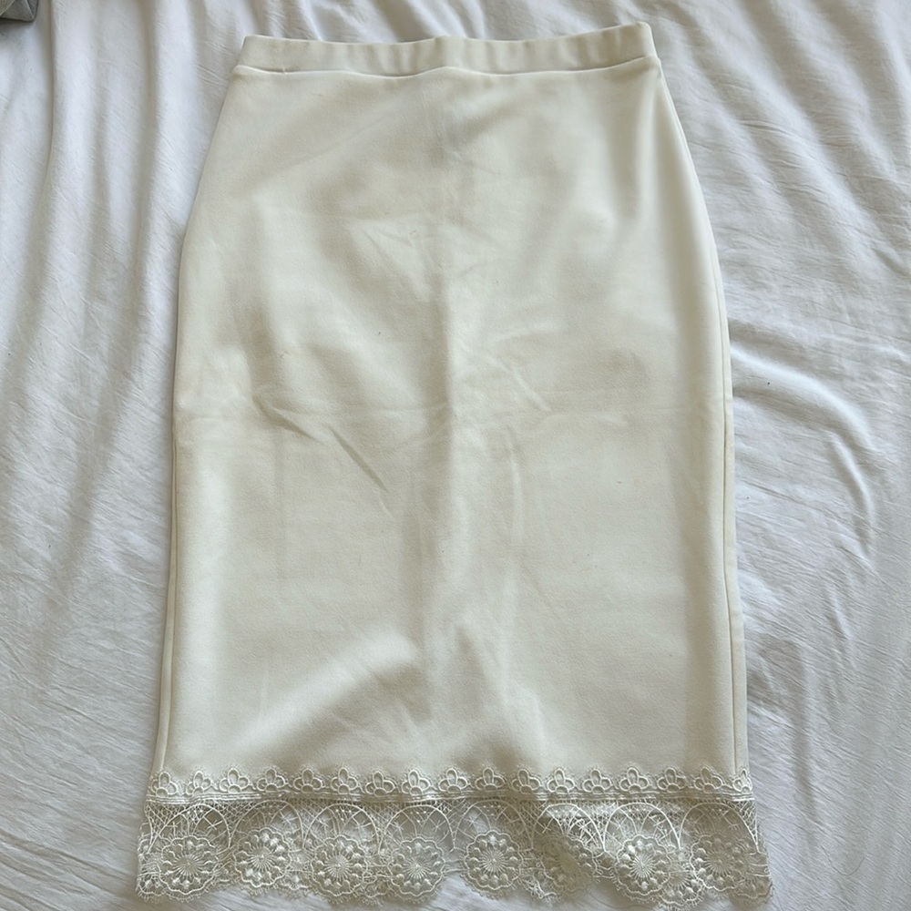 Aqua White pencil midi skirt with lace trim on the bottom